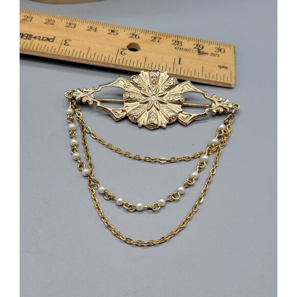 Pakula Signed Gold Tone Layered Dangle Chain Pin Brooch Br1 - Picture 7 of 7